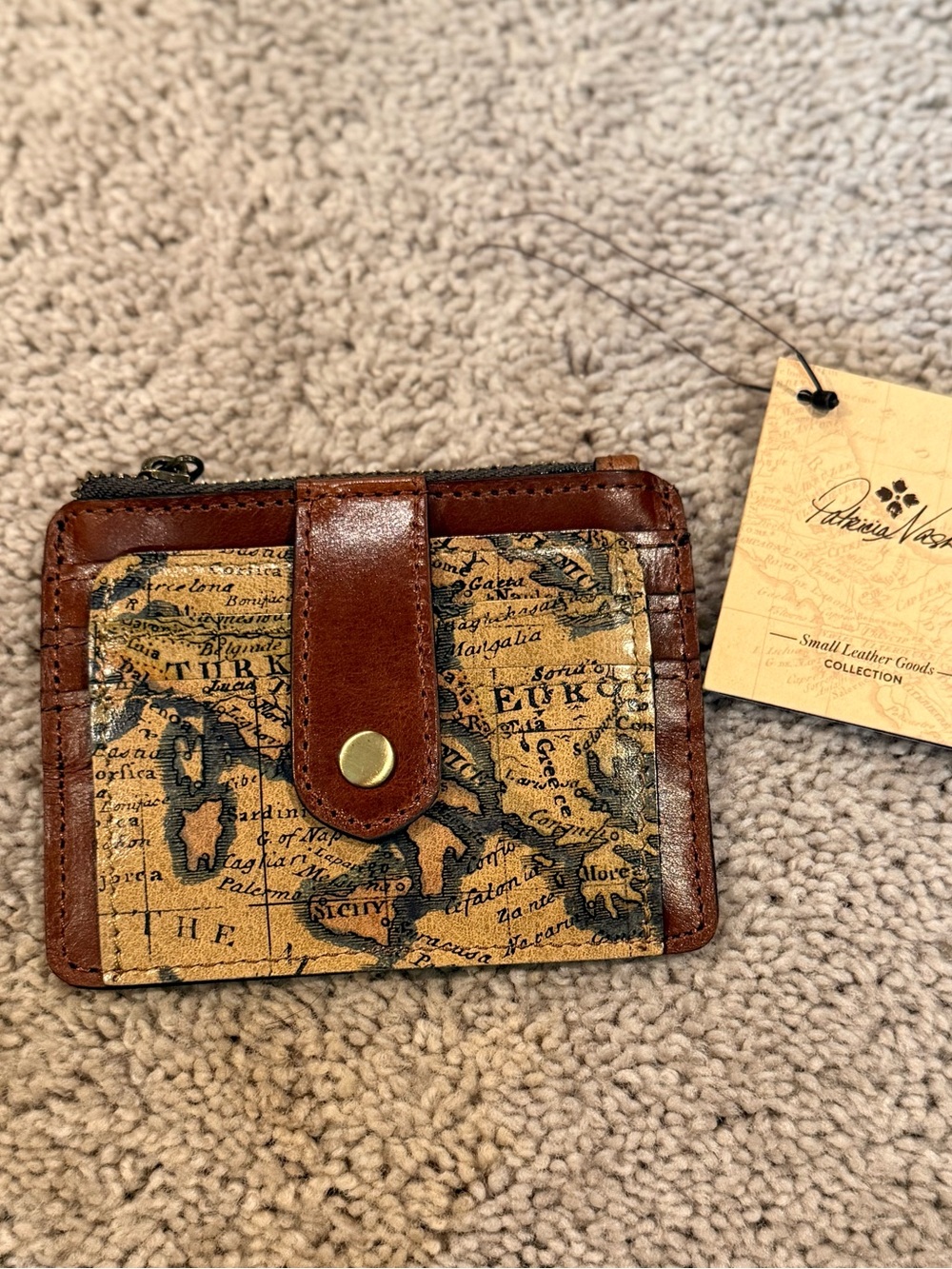 NWT Patricia Nash European Map Print Cassis Leather Card Wallet - Brown/Tan